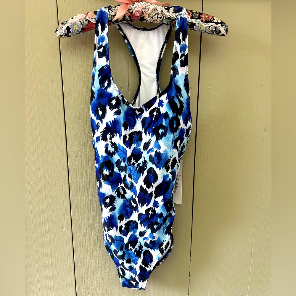 NWT Nicole Miller Blue and Black Leopard One Piece Swimsuit
